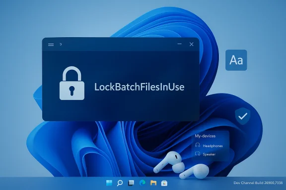 Windows 11-style desktop shows a blue lock screen with a padlock icon and LockBatchFilesInUse.