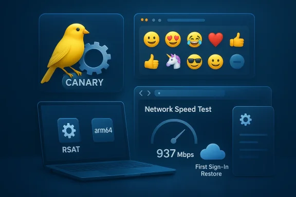 Blue tech dashboard collage: Canary logo, emoji panel, RSAT laptop, network speed test, sign-in restore cloud.