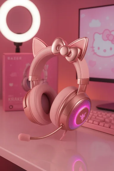 Pink gaming headset with cat ears and a bow, glowing under pink studio lighting.
