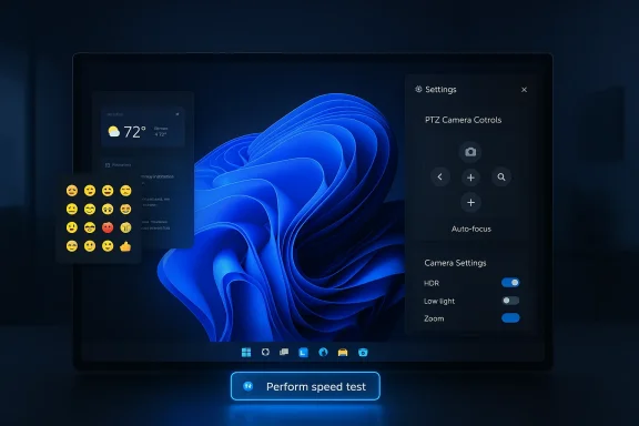 A futuristic Windows-style laptop UI with floating panels and a glowing “Perform speed test” button.
