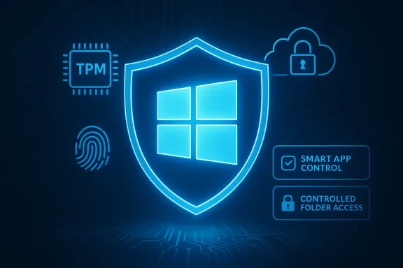 Blue neon shield with Windows logo surrounded by security icons (TPM, cloud lock, fingerprint). Blue neon shield with Windows logo surrounded by security icons (TPM, cloud lock, fingerprint).