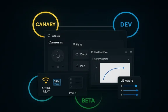Dark UI panels hover around neon CANARY, DEV, and BETA rings.