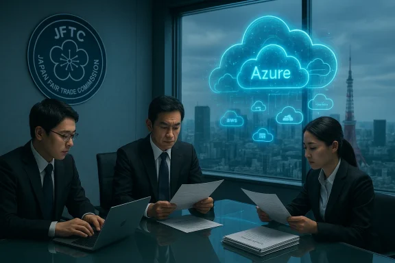 Three professionals review documents in a conference room, with a glowing Azure cloud display on the window.