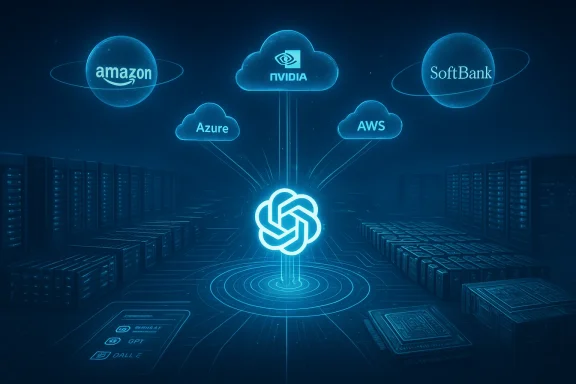 Cloud providers Amazon, Azure, AWS, Nvidia and SoftBank connect to a central AI hub in a data center.