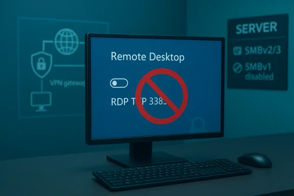 A monitor shows 'Remote Desktop' with a red prohibition symbol, indicating RDP is disabled.