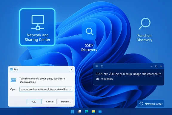 Windows 11 desktop showing network discovery icons, Run dialog, and DISM command window.
