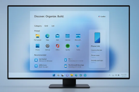 A large monitor displays a Windows‑style start screen with app icons and a Phone Link panel.