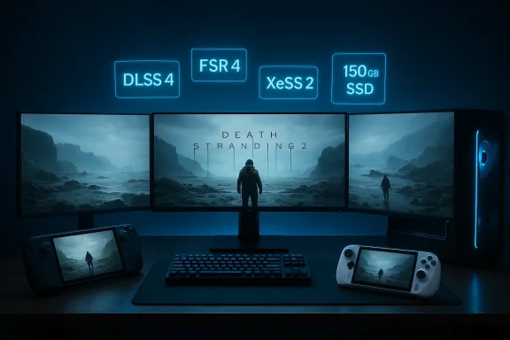 Triple-monitor gaming rig showing Death Stranding 2, with neon DLSS 4, FSR 4, XeSS 2. Triple-monitor gaming rig showing Death Stranding 2, with neon DLSS 4, FSR 4, XeSS 2.