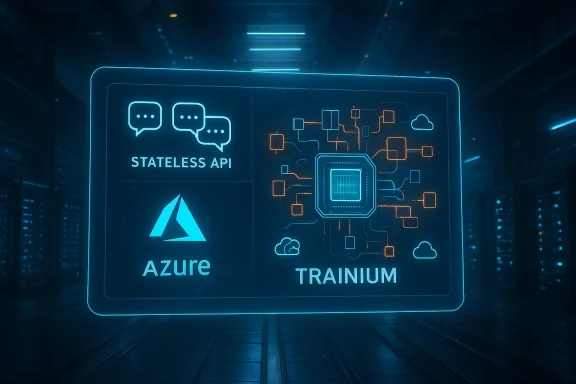 A neon holographic display in a data center highlighting Stateless API, Azure, and Trainium.