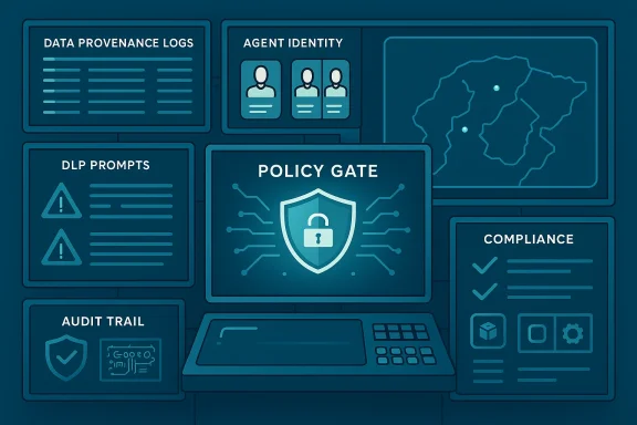 A cyber security dashboard with a central policy gate and panels for logs, identity, prompts, map, and compliance.