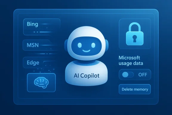 Blue holographic UI featuring AI Copilot at center, with Bing/MSN/Edge on the left and data controls on the right.