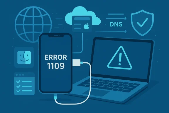 Tech illustration: smartphone shows ERROR 1109, connected to a laptop with a warning symbol.