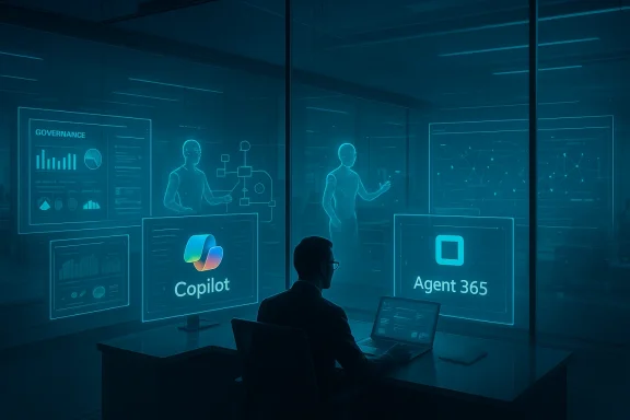 A person sits at a desk in a futuristic control room, viewing holographic AI dashboards labeled Copilot and Agent 365.