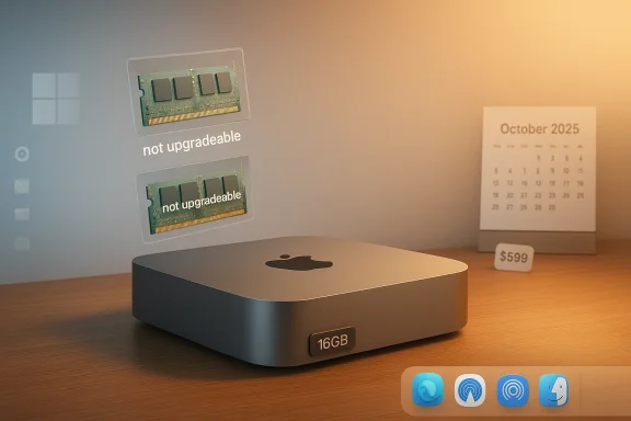 Mac mini on a desk shows RAM modules labeled 'not upgradable' beside an October 2025 calendar.