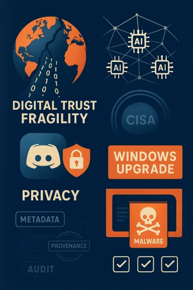 Global digital trust fragility: AI, privacy, malware, and cybersecurity icons.