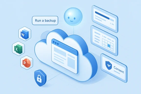 Cloud backup illustration showing Office apps with security shield and consent workflow.
