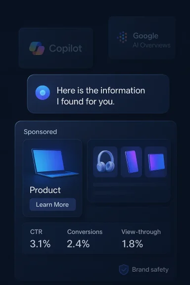 A dark, futuristic AI dashboard showing Copilot, Google AI Overviews, and a sponsored product panel.