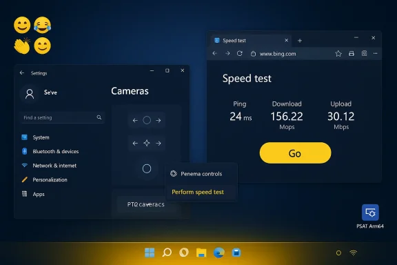 Dark blue Windows desktop showing a Settings/Cameras panel and a speed-test window.