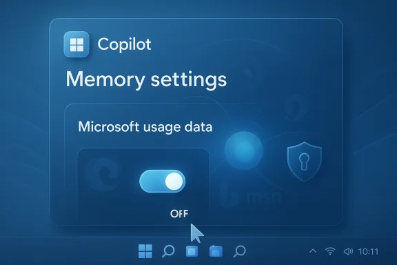 Copilot memory settings panel showing Microsoft usage data toggle OFF.