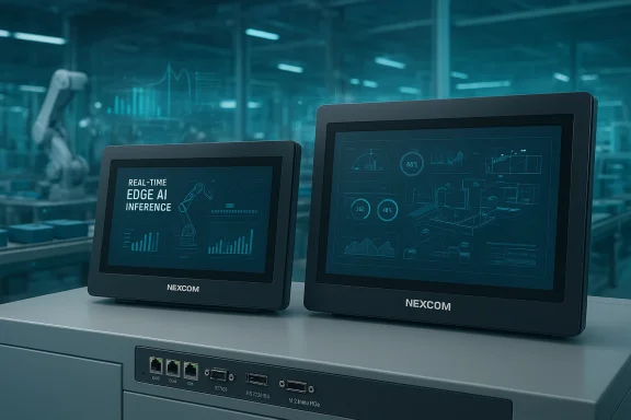Two NEXCOM edge AI screens display real-time factory analytics on a robotics production line. Two NEXCOM edge AI screens display real-time factory analytics on a robotics production line.