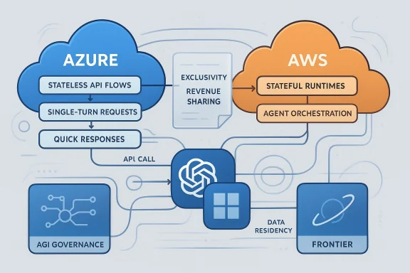 Azure and AWS clouds exchange API flows and runtimes in a data residency and governance diagram.