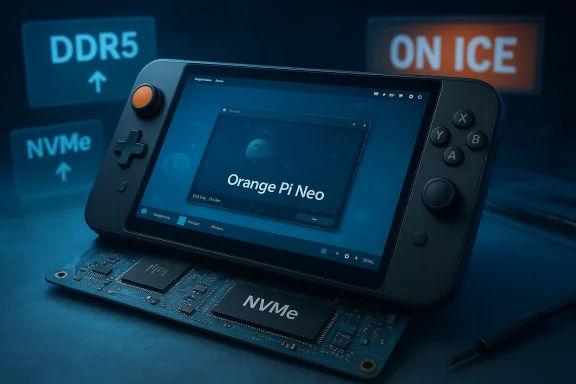 Handheld console atop an NVMe board, displaying the Orange Pi Neo UI.