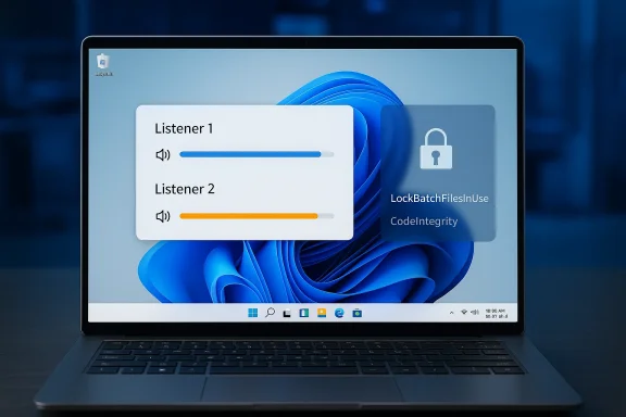 Windows laptop screen displaying two Listener progress bars with a lock-in-use warning.