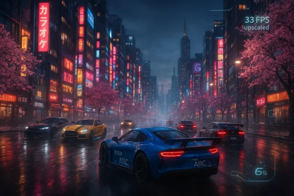 Rain-soaked neon city at night, racing cars glide past pink cherry blossoms and bright signs.