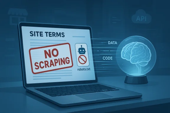 Laptop shows SITE TERMS with NO SCRAPING stamped as data streams toward a brain hologram.