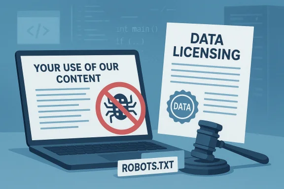 An illustration of data licensing and robots.txt: laptop shows 'YOUR USE OF OUR CONTENT' with a red no-bug symbol beside a 'DATA LICENSING' sheet.