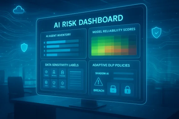 Blue holographic AI risk dashboard showing inventories, reliability scores, data labels, and adaptive policies.
