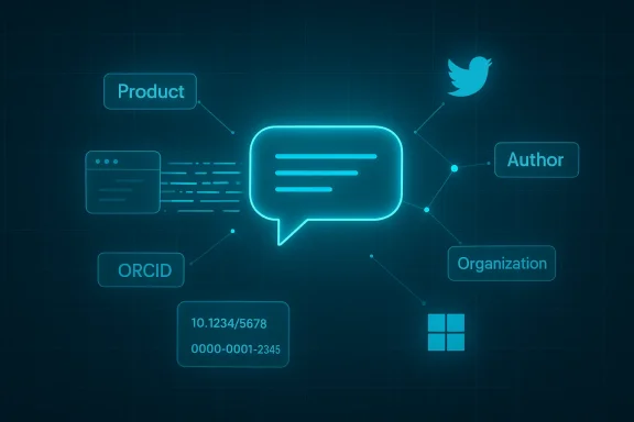 Glowing infographic showing author metadata around a central chat bubble. Glowing infographic showing author metadata around a central chat bubble.