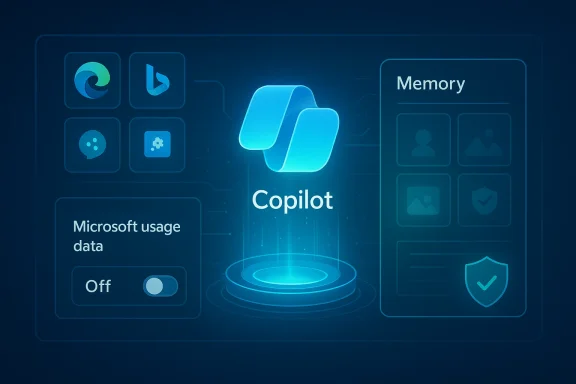 A futuristic blue UI featuring a glowing Copilot hologram with memory and usage panels.