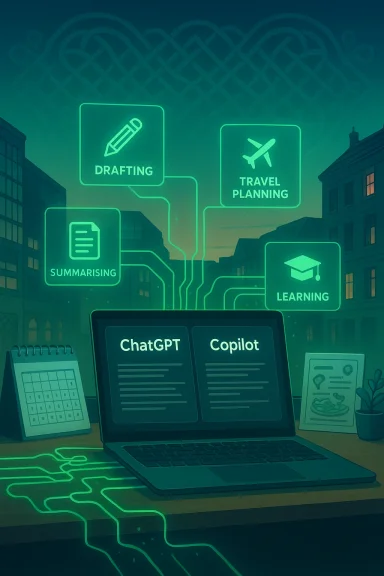 A desk setup with a laptop showing ChatGPT and Copilot, linked to neon icons for drafting, travel planning, summarising and learning.