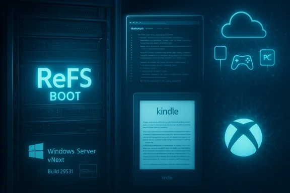 Neon-blue data-center rack with ReFS Boot, a Kindle display, and cloud/gaming icons.