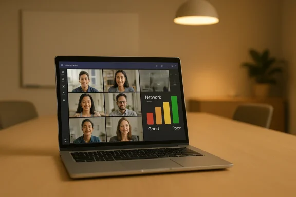 A laptop on a wooden table shows a six-person video conference and a network performance chart.