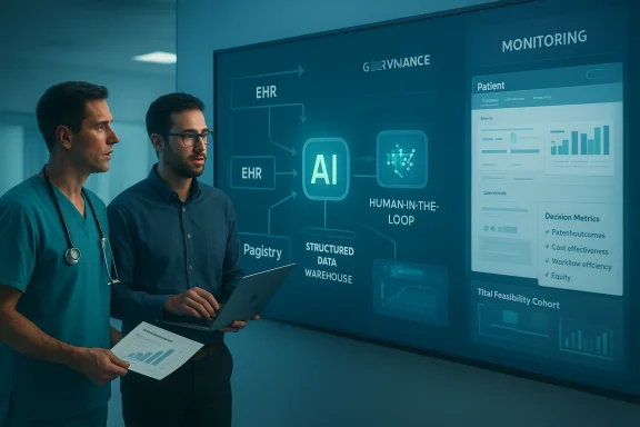 Two healthcare professionals review an AI-powered health dashboard on a wall display.