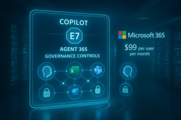 A glowing holographic sign in a data center promoting Copilot E7 Agent 365 governance controls.