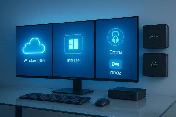 Blue-lit desk with a triple-monitor setup displaying Windows 365, Intune, Entra, and FIDO2.