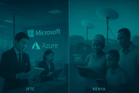Microsoft Azure showcase in Kenya with professionals and a family using tablets.