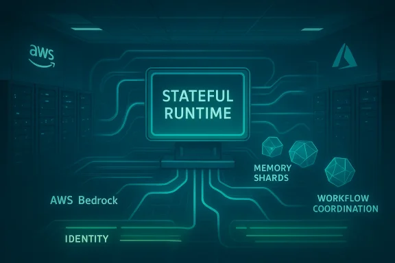 A futuristic data center illustration of Stateful Runtime with memory shards and workflow coordination.