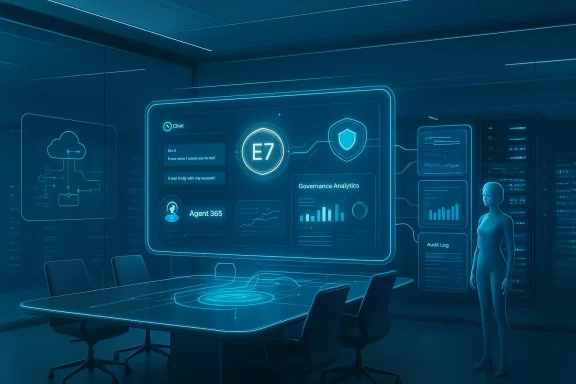 Futuristic boardroom with neon holographic dashboards and a standing AI figure.
