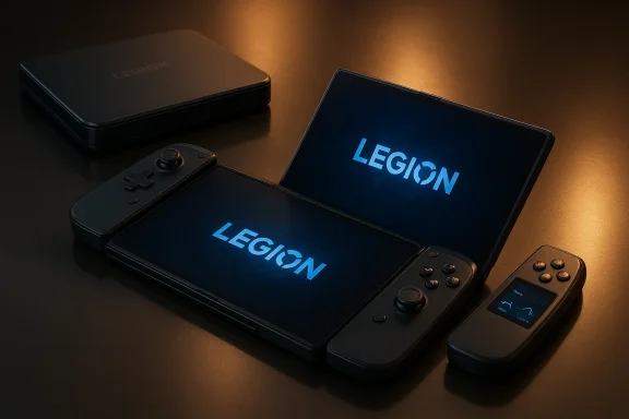 Lenovo Legion gaming setup with a foldable handheld console, detachable controllers, and blue Legion logos. Lenovo Legion gaming setup with a foldable handheld console, detachable controllers, and blue Legion logos.