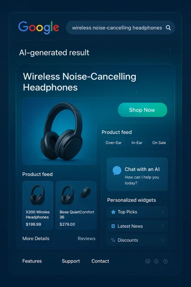 AI-generated product page for wireless noise-cancelling headphones with a Shop Now button.