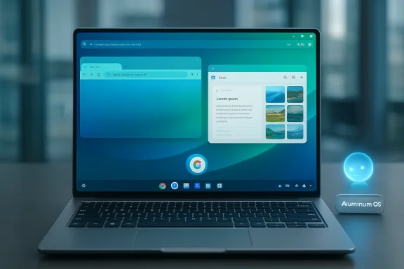 Sleek laptop displaying multiple floating windows on a blue Aluminum OS desktop.