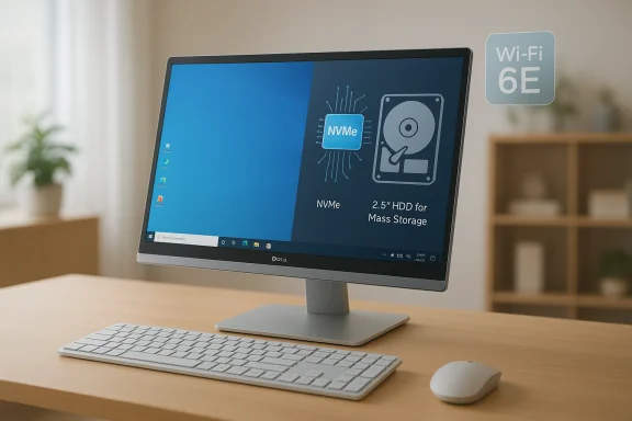 Dell all-in-one PC on a wooden desk, highlighting NVMe and 2.5-inch HDD for mass storage with Wi‑Fi 6E.