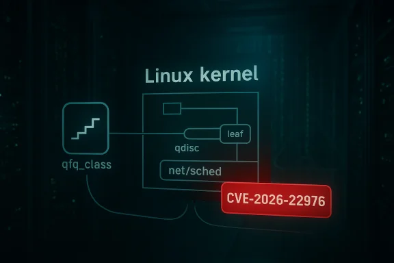 Neon Linux kernel diagram on a server rack, highlighting CVE-2026-22976.