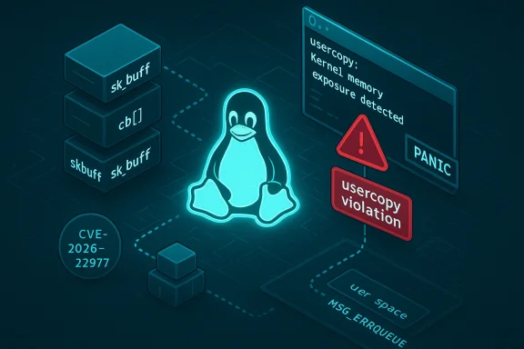 Glowing Linux penguin centerpiece illustrating a kernel usercopy violation and panic (CVE-2026-22977).