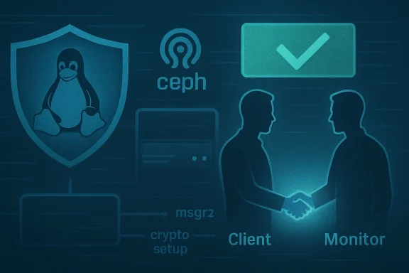 Ceph storage diagram showing client–monitor handshake and security shield.