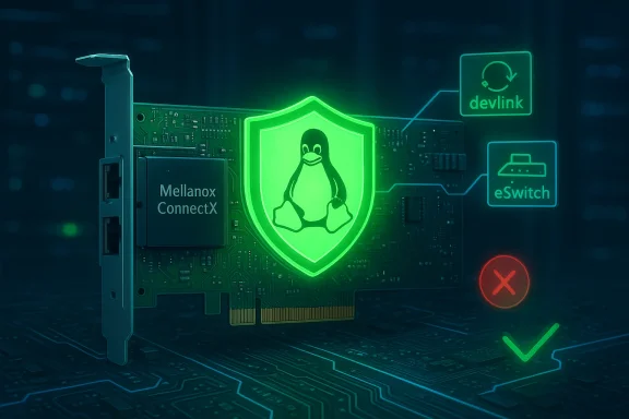 A PCIe network card glowing with a green Linux shield, symbolizing secure networking.